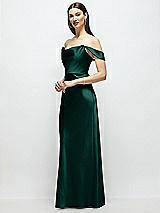 Side View Thumbnail - Evergreen Basque-Neck A-Line Stretch Satin Maxi Dress with Off-the-Shoulder Drape
