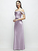 Side View Thumbnail - Lilac Haze Basque-Neck A-Line Stretch Satin Maxi Dress with Off-the-Shoulder Drape