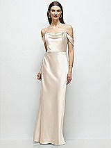 Front View Thumbnail - Oat Basque-Neck A-Line Stretch Satin Maxi Dress with Off-the-Shoulder Drape
