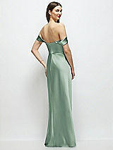 Rear View Thumbnail - Seagrass Basque-Neck A-Line Stretch Satin Maxi Dress with Off-the-Shoulder Drape
