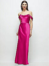 Front View Thumbnail - Think Pink Basque-Neck A-Line Stretch Satin Maxi Dress with Off-the-Shoulder Drape