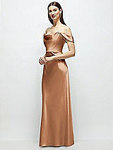 Side View Thumbnail - Toffee Basque-Neck A-Line Stretch Satin Maxi Dress with Off-the-Shoulder Drape