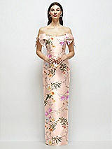 Front View Thumbnail - Butterfly Botanica Pink Sand Basque-Neck Floral Satin Column Maxi Dress with Off-the-Shoulder Bows