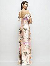 Rear View Thumbnail - Butterfly Botanica Pink Sand Basque-Neck Floral Satin Column Maxi Dress with Off-the-Shoulder Bows