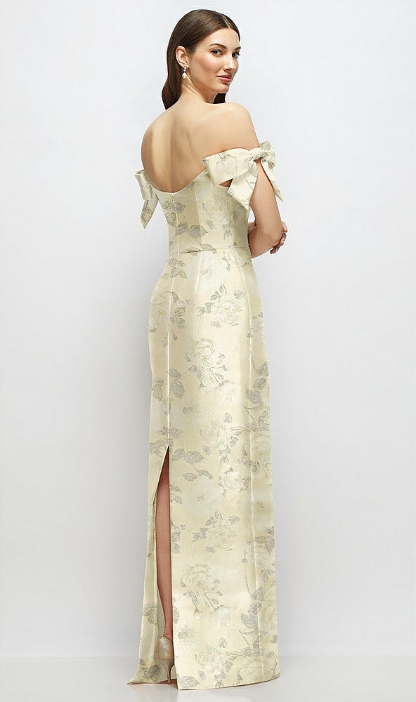 Back View - Butter Yellow Floral Basque-Neck Floral Satin Column Maxi Dress with Off-the-Shoulder Bows