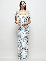 Front View Thumbnail - Cottage Rose Larkspur Basque-Neck Floral Satin Column Maxi Dress with Off-the-Shoulder Bows