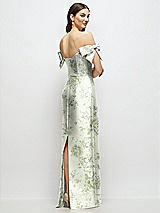 Rear View Thumbnail - Sage Cottage Rose Basque-Neck Floral Satin Column Maxi Dress with Off-the-Shoulder Bows
