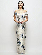 Front View Thumbnail - Inkwash Blue Floral Basque-Neck Floral Satin Column Maxi Dress with Off-the-Shoulder Bows