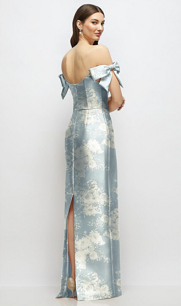 Back View - Porcelain Blue Seraphina Floral Basque-Neck Floral Satin Column Maxi Dress with Off-the-Shoulder Bows