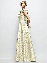Side View Thumbnail - Butter Yellow Floral Deep V-Neck Floral Satin Ball Gown with Shoulder Bows