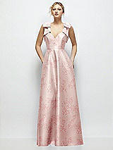 Front View Thumbnail - Bow And Blossom Print Deep V-Neck Floral Satin Ball Gown with Shoulder Bows
