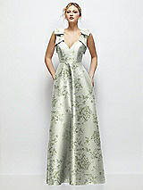 Front View Thumbnail - Sage Cottage Rose Deep V-Neck Floral Satin Ball Gown with Shoulder Bows
