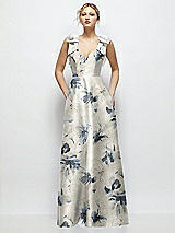 Front View Thumbnail - Inkwash Blue Floral Deep V-Neck Floral Satin Ball Gown with Shoulder Bows