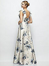 Rear View Thumbnail - Inkwash Blue Floral Deep V-Neck Floral Satin Ball Gown with Shoulder Bows
