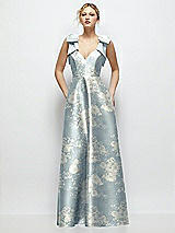 Front View Thumbnail - Porcelain Blue Seraphina Floral Deep V-Neck Floral Satin Ball Gown with Shoulder Bows