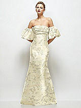 Front View Thumbnail - Butter Yellow Floral Off-the-Shoulder Puff Sleeve Floral Satin Maxi Dress with Flared Skirt
