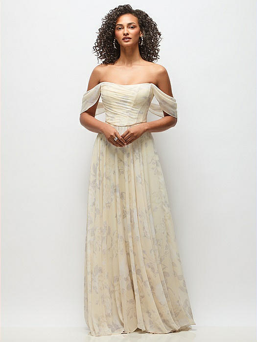 Off-the-Shoulder Basque Corset Floral Chiffon Maxi Dress