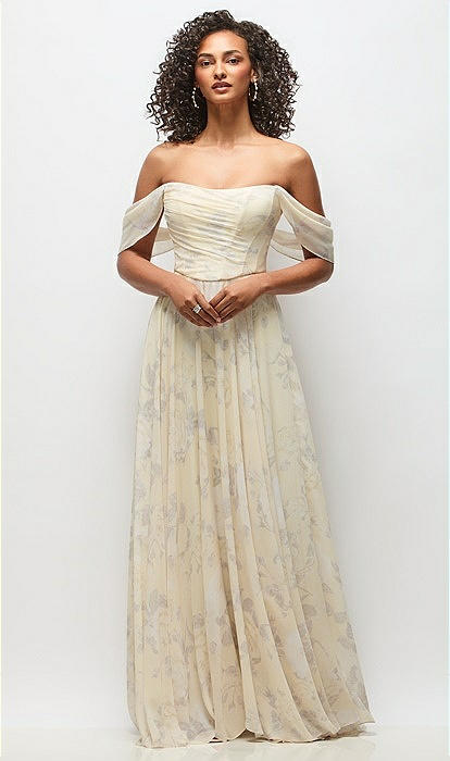 Off-the-shoulder Basque Corset Floral Chiffon Maxi Bridesmaid