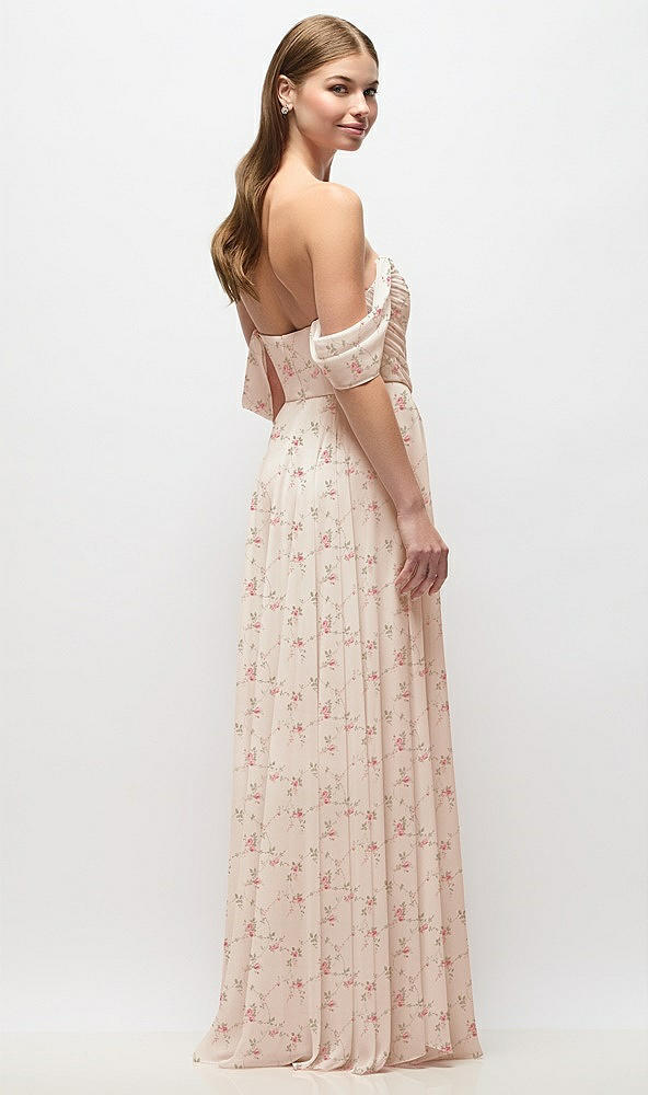 Back View - Coquette Floral Print Off-the-Shoulder Basque Corset Floral Chiffon Maxi Dress