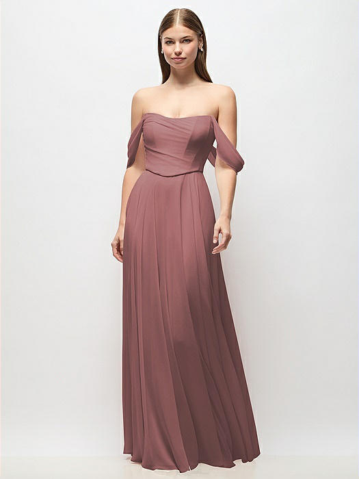 Off-the-Shoulder Basque Corset Chiffon Maxi Dress