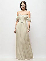 Front View Thumbnail - Champagne Off-the-Shoulder Basque Corset Chiffon Maxi Dress