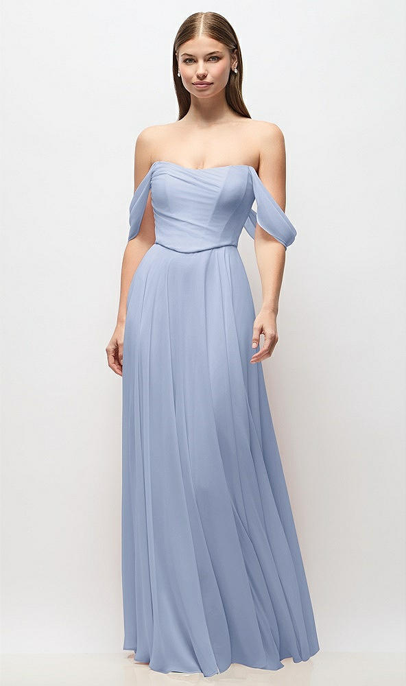Front View - Sky Blue Off-the-Shoulder Basque Corset Chiffon Maxi Dress