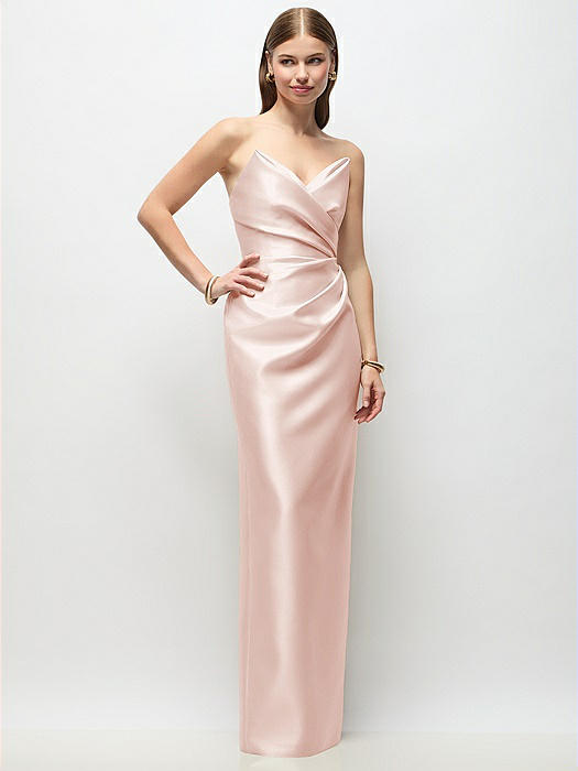 Strapless Asymmetrical Draped Satin Column Maxi Dress