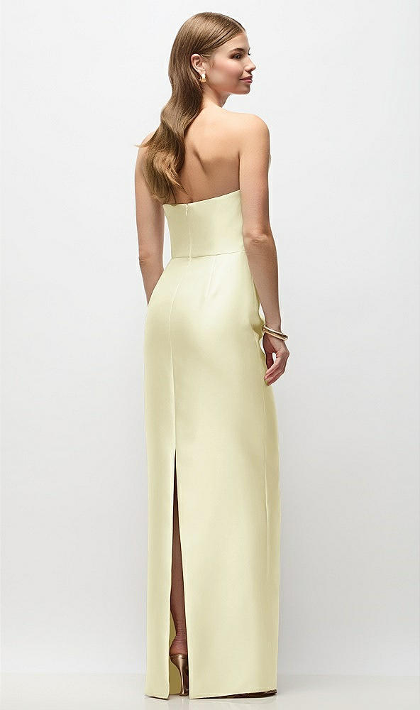Back View - Butter Yellow Strapless Asymmetrical Draped Satin Column Maxi Dress