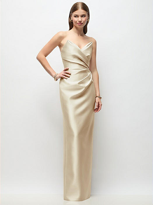 Strapless Asymmetrical Draped Satin Column Maxi Dress