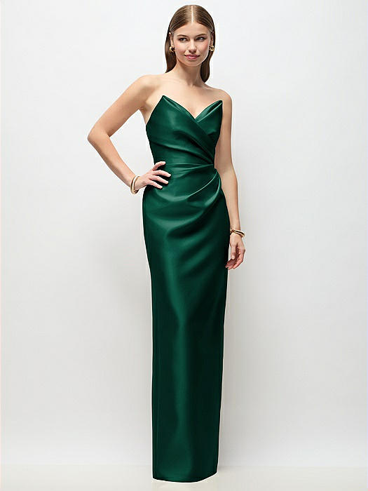 Strapless Asymmetrical Draped Satin Column Maxi Dress