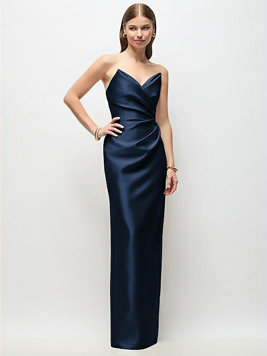 Strapless Asymmetrical Draped Satin Column Maxi Dress