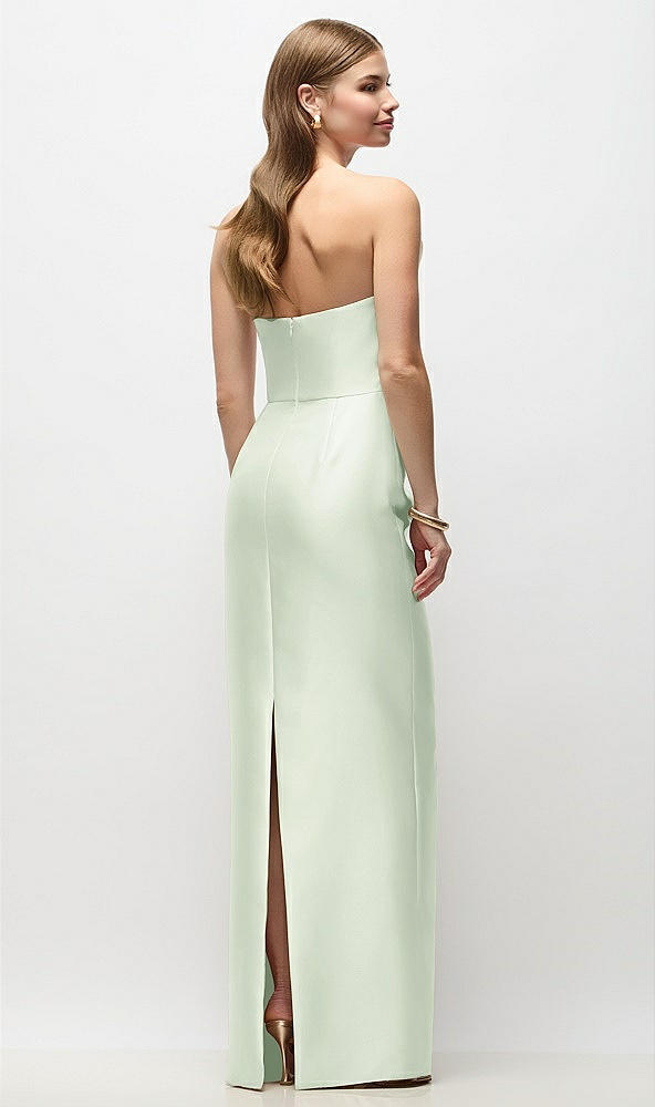 Back View - Mint Green Strapless Asymmetrical Draped Satin Column Maxi Dress