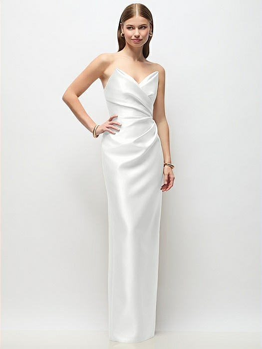 Strapless Asymmetrical Draped Satin Column Maxi Dress