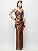 Front View Thumbnail - Cognac Strapless Asymmetrical Draped Satin Column Maxi Dress