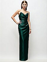 Front View Thumbnail - Evergreen Strapless Asymmetrical Draped Satin Column Maxi Dress