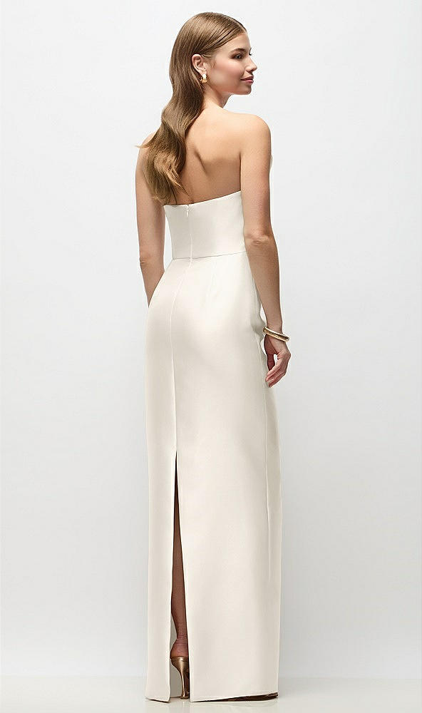 Back View - Ivory Strapless Asymmetrical Draped Satin Column Maxi Dress