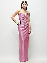 Front View Thumbnail - Powder Pink Strapless Asymmetrical Draped Satin Column Maxi Dress
