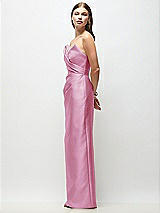 Side View Thumbnail - Powder Pink Strapless Asymmetrical Draped Satin Column Maxi Dress