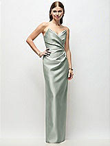 Front View Thumbnail - Willow Green Strapless Asymmetrical Draped Satin Column Maxi Dress