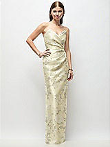Front View Thumbnail - Butter Yellow Floral Strapless Asymmetrical Draped Satin Column Floral Maxi Dress