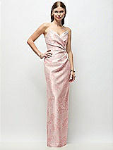 Front View Thumbnail - Bow And Blossom Print Strapless Asymmetrical Draped Satin Column Floral Maxi Dress