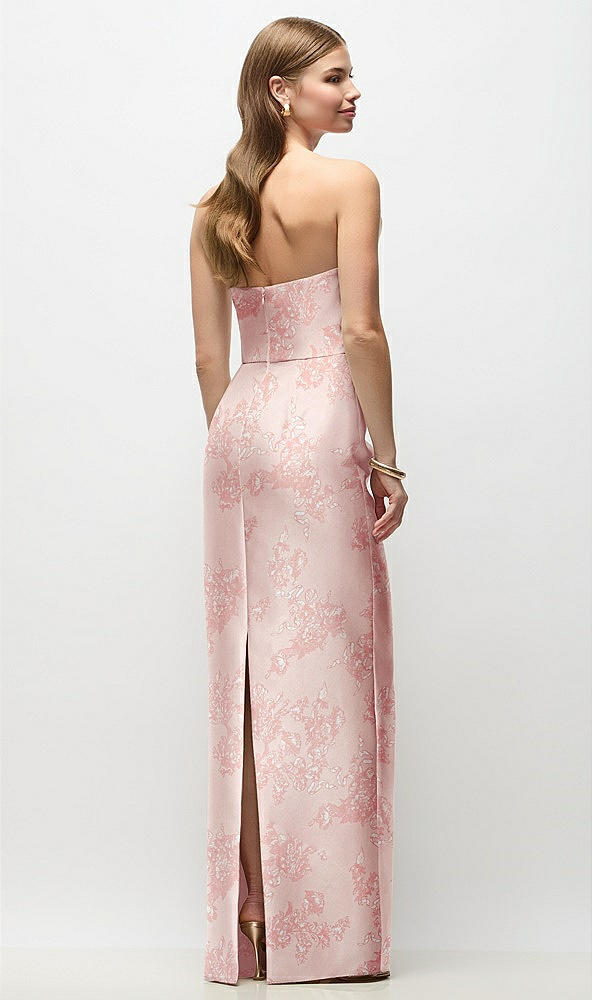 Back View - Bow And Blossom Print Strapless Asymmetrical Draped Satin Column Floral Maxi Dress