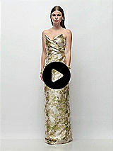 Video 1 Thumbnail - Peridot Blush Strapless Asymmetrical Draped Abstract Floral Jacquard Column Maxi Dress