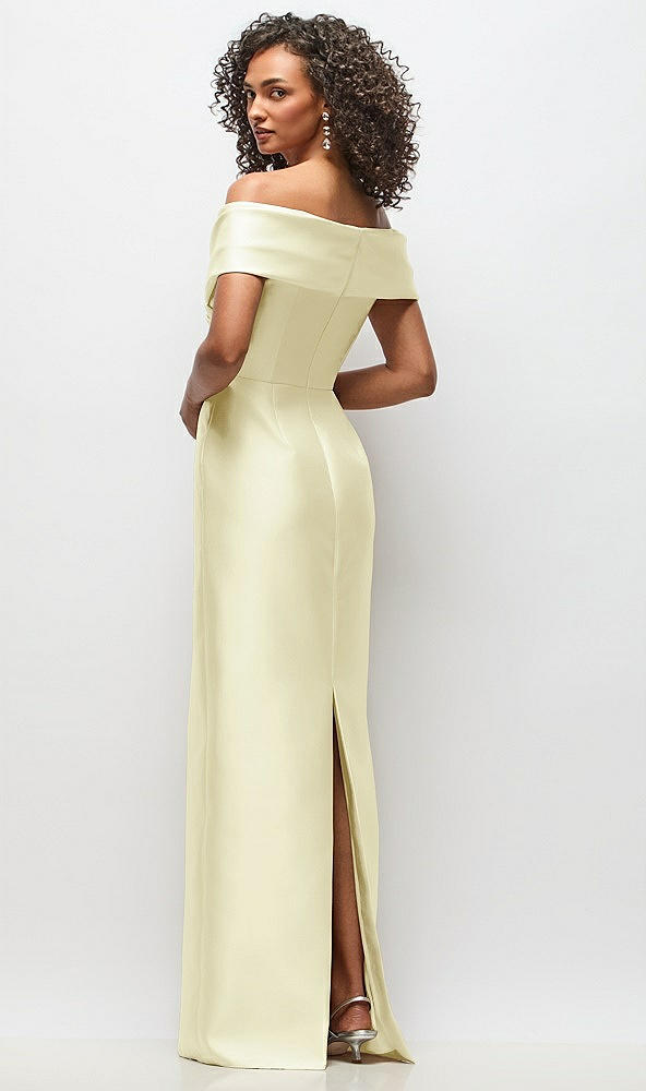 Back View - Butter Yellow Draped Wrap Off-the-Shoulder Satin Column Floral Maxi Dress