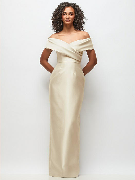 Draped Wrap Off-the-Shoulder Satin Column Floral Maxi Dress
