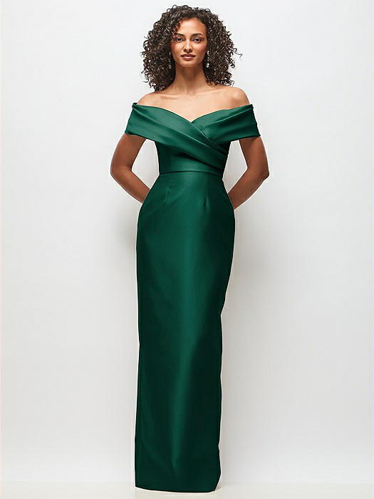 Draped Wrap Off-the-Shoulder Satin Column Floral Maxi Dress
