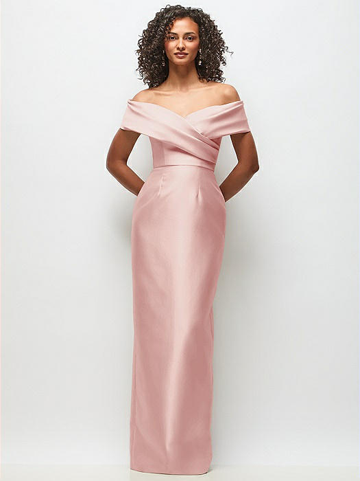 Draped Wrap Off-the-Shoulder Satin Column Floral Maxi Dress
