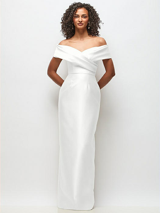 Draped Wrap Off-the-Shoulder Satin Column Floral Maxi Dress