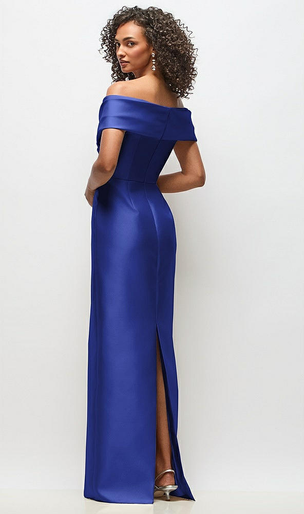 Back View - Cobalt Blue Draped Wrap Off-the-Shoulder Satin Column Floral Maxi Dress