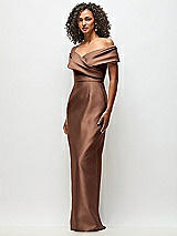 Side View Thumbnail - Cognac Draped Wrap Off-the-Shoulder Satin Column Floral Maxi Dress